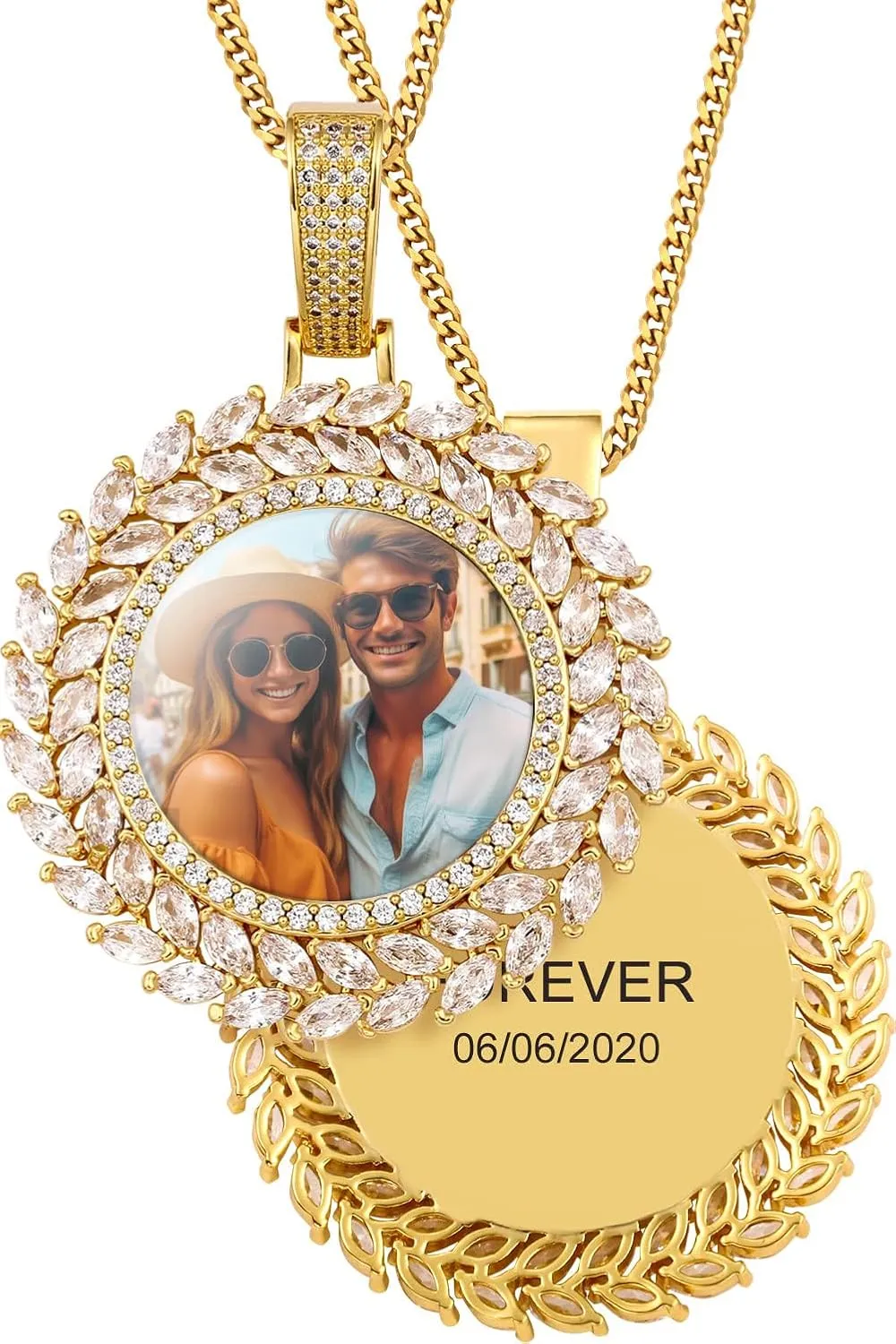 TUHE Custom Picture Necklace Personalized Photo Pendant 18K Gold Plated Customized Engraved Memory Necklaces Round Circle Rip Medallion Picture Chains For Men Women