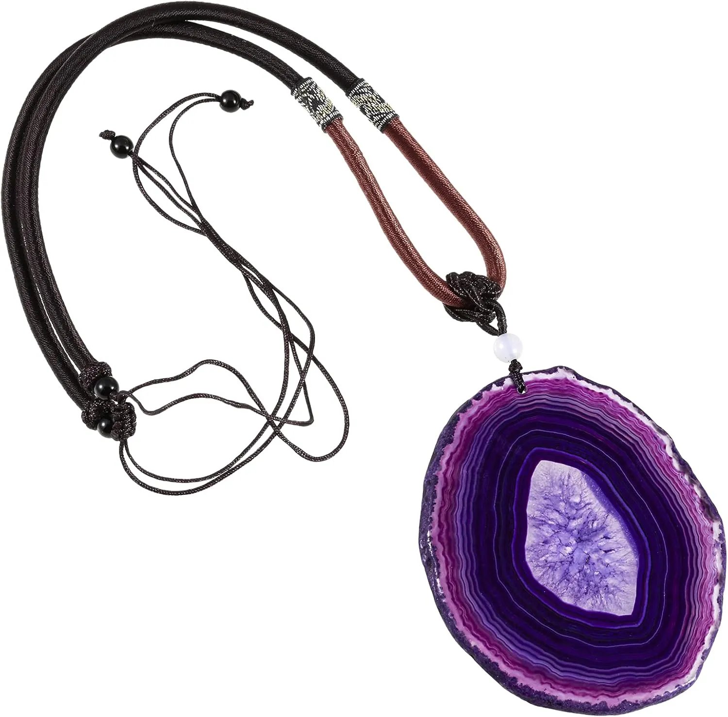 TUMBEELLUWA Agate Slice Pendant Necklace Amulet Reiki Healing Crystal Stone with Nylon Cord Handmade Jewelry for Women