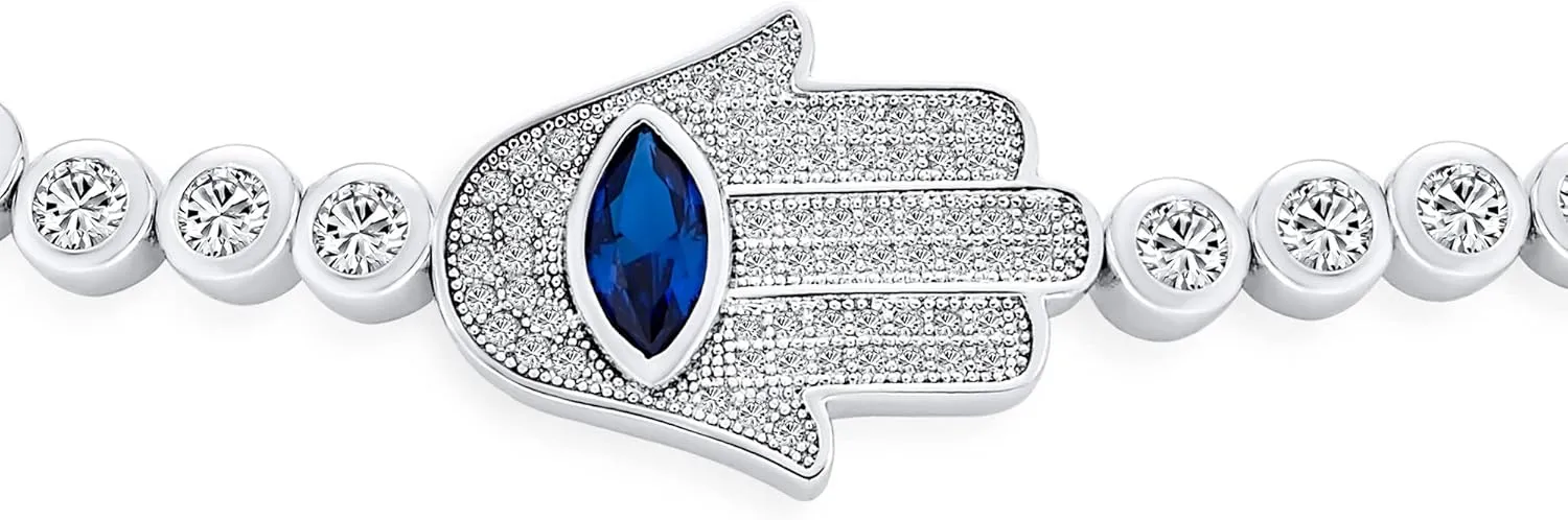 Turkish Amulet Talisman Delicate Dainty Evil Eye Hamsa Hand Station Bolo Bracelet For Women Teens Cubic Zirconia CZ 14K Gold Plated .925 Sterling Silver 7 8 Inch Adjustable Extender