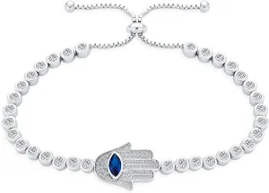 Turkish Amulet Talisman Delicate Dainty Evil Eye Hamsa Hand Station Bolo Bracelet For Women Teens Cubic Zirconia CZ 14K Gold Plated .925 Sterling Silver 7 8 Inch Adjustable Extender