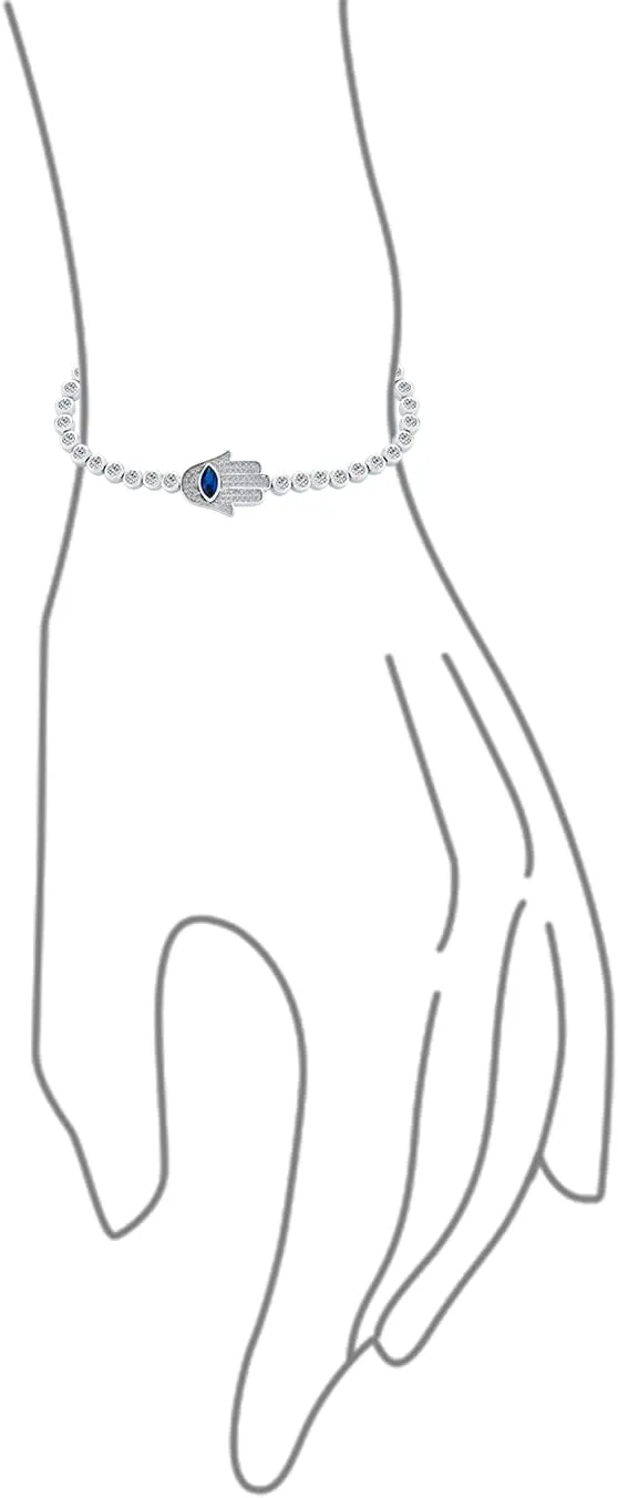 Turkish Amulet Talisman Delicate Dainty Evil Eye Hamsa Hand Station Bolo Bracelet For Women Teens Cubic Zirconia CZ 14K Gold Plated .925 Sterling Silver 7 8 Inch Adjustable Extender