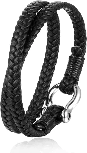 Two-lap Black Braided Leather Screw Anchor Shackle Bangle Bracelet Stainless Steel Mens Cool Unique