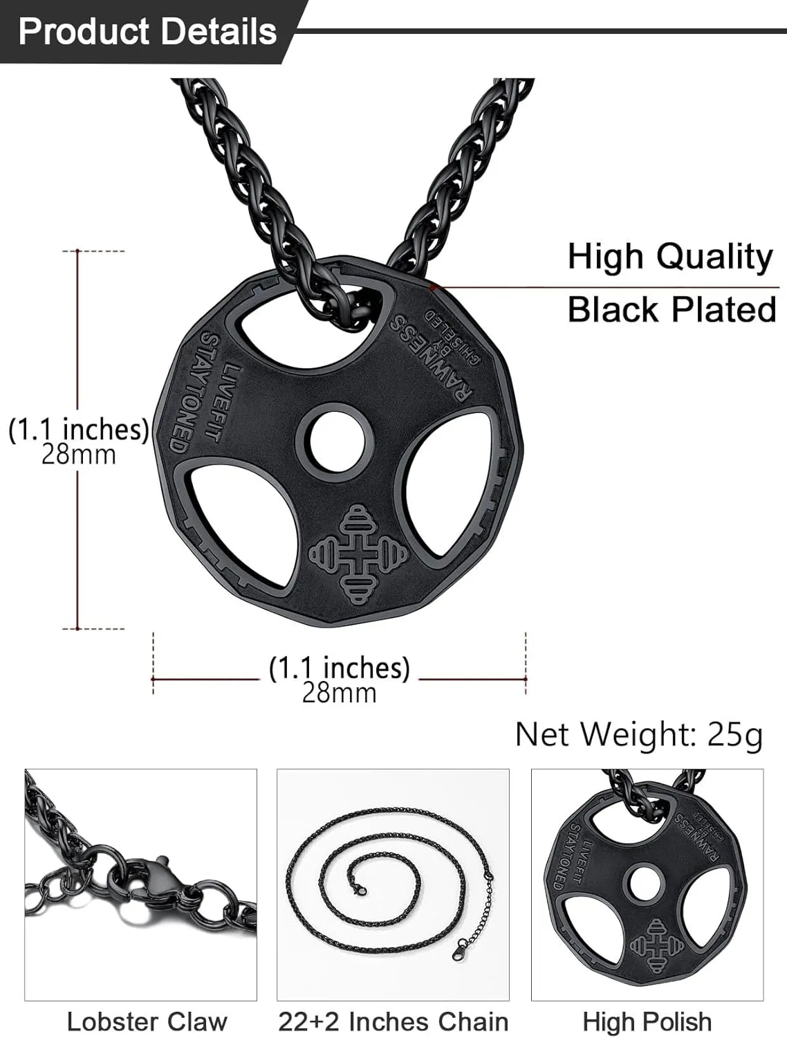 U7 Men Women Fitness Dumbbell Necklace Stainless Steel Weight Plate Barbell Chain Pendant Necklace,Chain 22" 2" Extender, with Gift Box