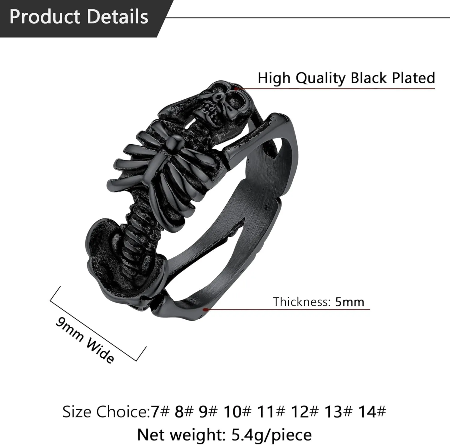 U7 Skull Ring, Skeleton Ring, Biker Ring for Cocktail Party, Gothic Fashion Rings with Skull, Size 7-14,Stainless/Black/Gold Color