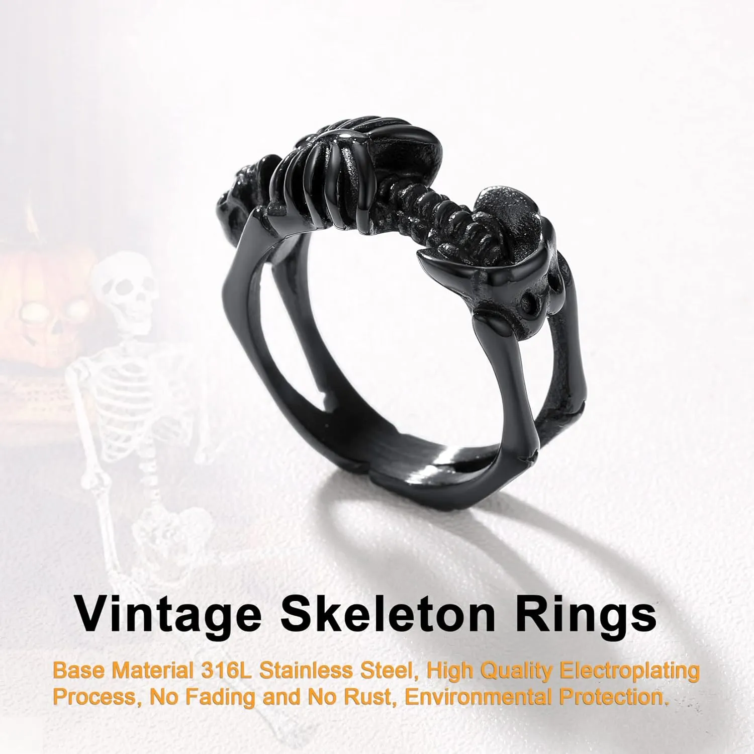 U7 Skull Ring, Skeleton Ring, Biker Ring for Cocktail Party, Gothic Fashion Rings with Skull, Size 7-14,Stainless/Black/Gold Color