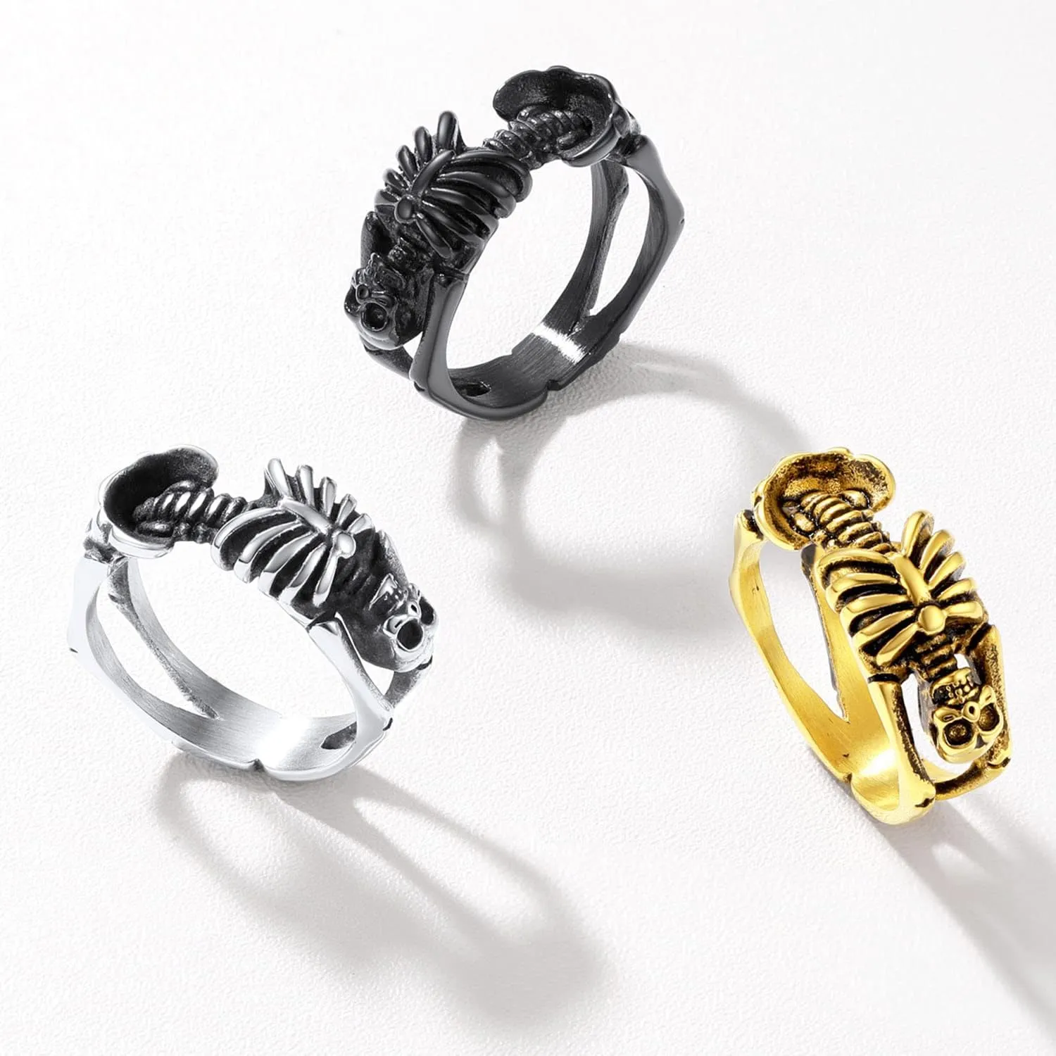 U7 Skull Ring, Skeleton Ring, Biker Ring for Cocktail Party, Gothic Fashion Rings with Skull, Size 7-14,Stainless/Black/Gold Color
