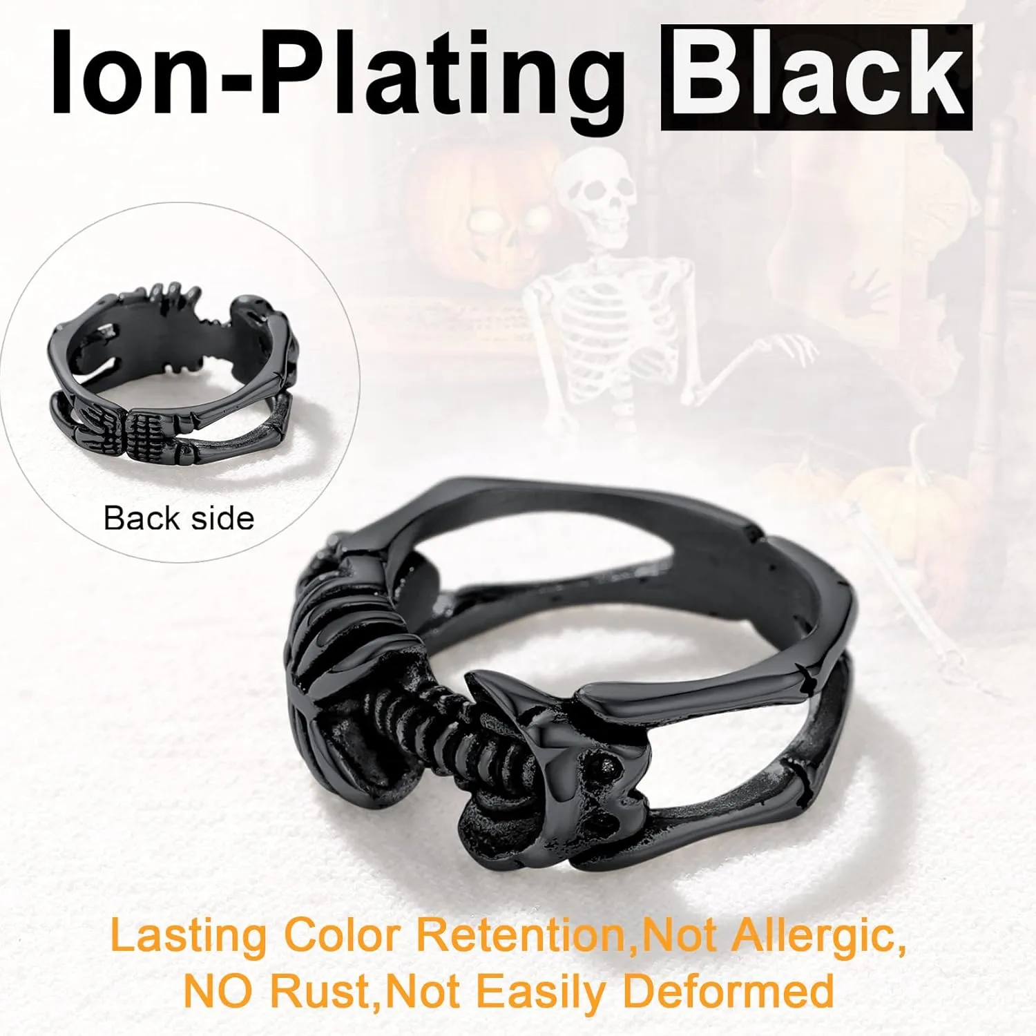 U7 Skull Ring, Skeleton Ring, Biker Ring for Cocktail Party, Gothic Fashion Rings with Skull, Size 7-14,Stainless/Black/Gold Color