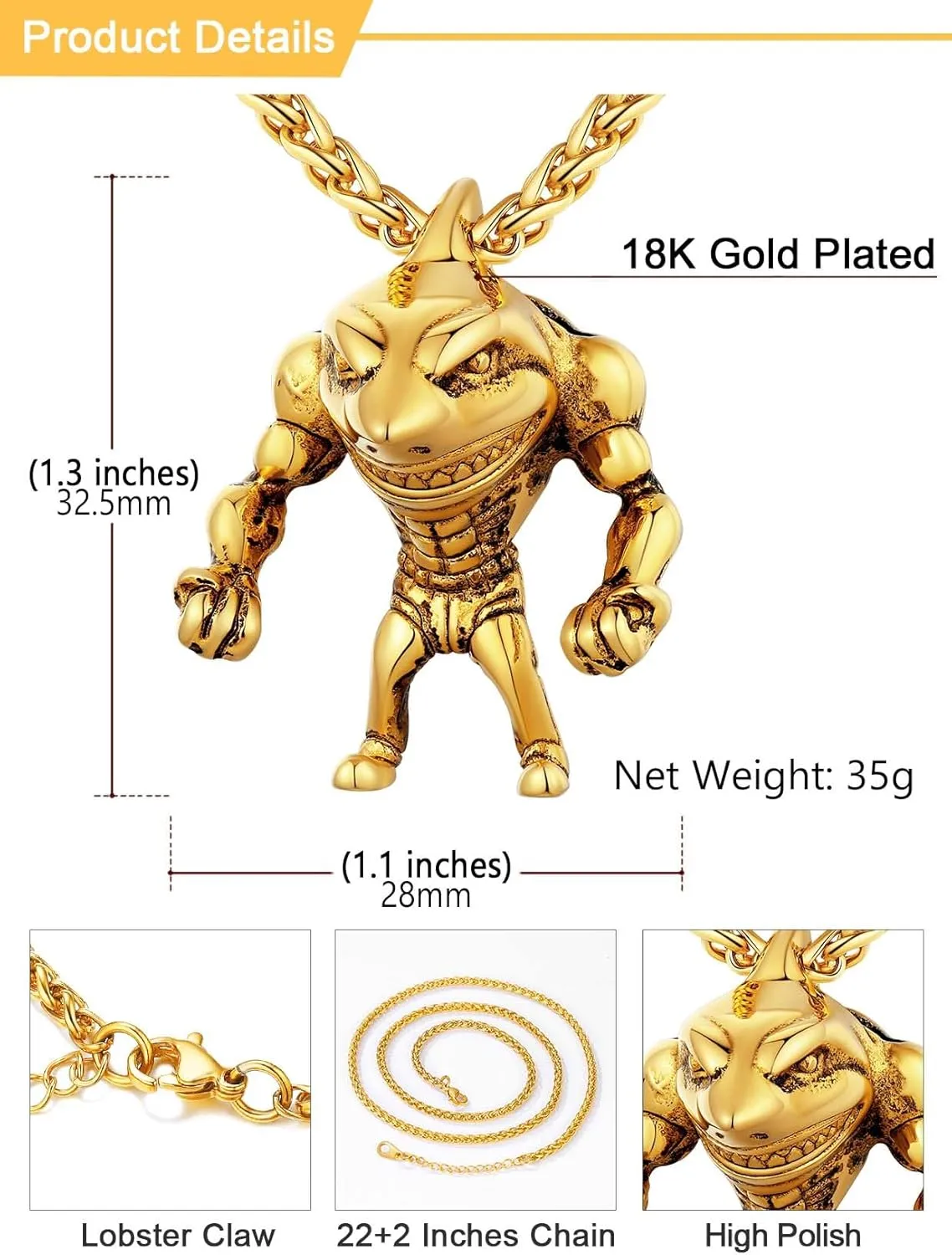 U7 Stainless Steel Shark Necklaces,18K Gold Plated Dolphin/Swordfish/Shark Pendant Necklace,Punk Mens Jewelry