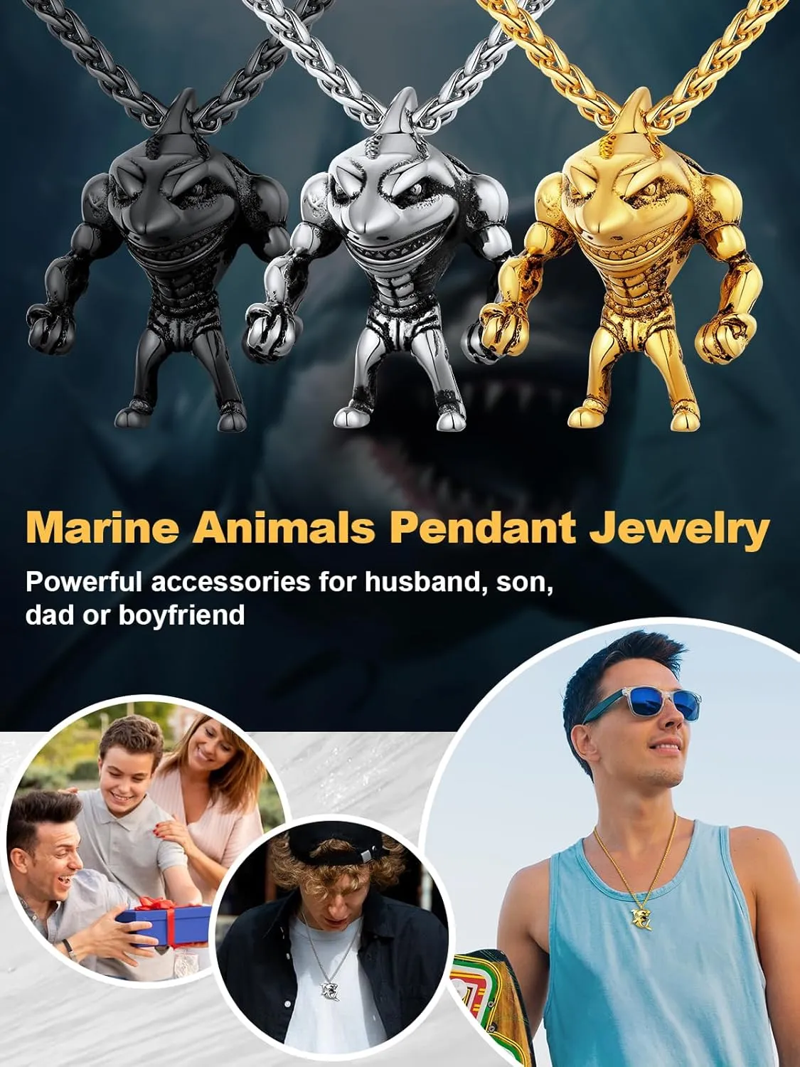 U7 Stainless Steel Shark Necklaces,18K Gold Plated Dolphin/Swordfish/Shark Pendant Necklace,Punk Mens Jewelry