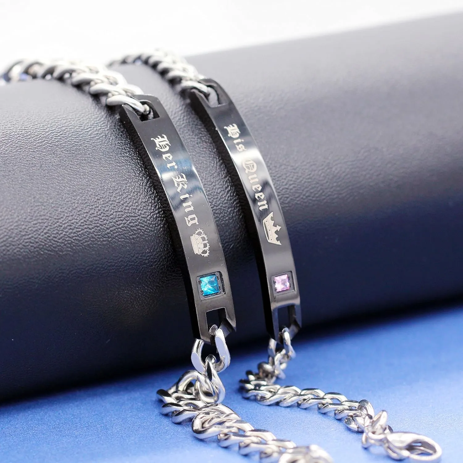 Uloveido His Queen and Her King Black Titanium Necklaces & Bracelet Matching Couple Jewelry Sets for Men and Women with Cubic Zirconia ST118