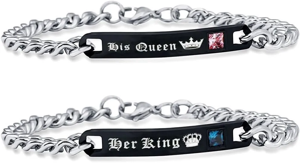 Uloveido His Queen and Her King Black Titanium Necklaces & Bracelet Matching Couple Jewelry Sets for Men and Women with Cubic Zirconia ST118