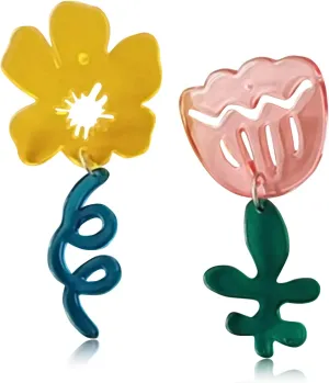 Unique Acrylic Asymmetric Transparent Rose Flower Stud Earrings lily Floral Dangle Drop Earrings for Women Girls Statement Jewelry Gifts (Red Blue)