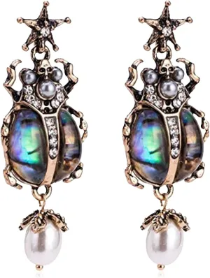 Unique Beetle Dangle Earrings for Women Vintage Style Amazing Scarab Pearl Drop Jewelry