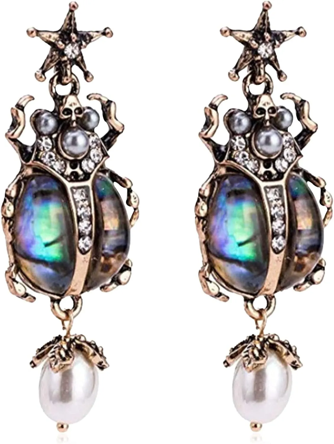 Unique Beetle Dangle Earrings for Women Vintage Style Amazing Scarab Pearl Drop Jewelry