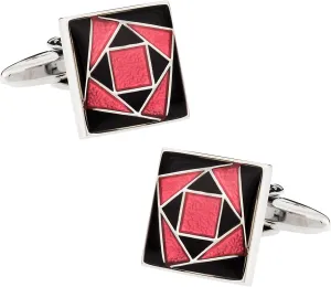 Unique Geometric Pink and Black Rectangular Cufflinks in Silver Setting