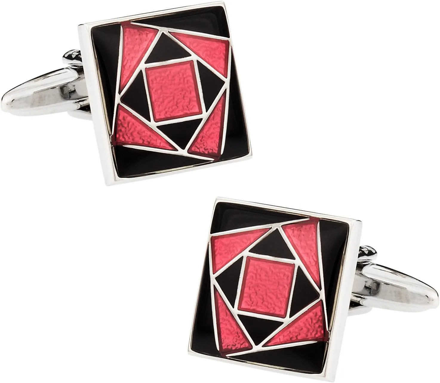 Unique Geometric Pink and Black Rectangular Cufflinks in Silver Setting
