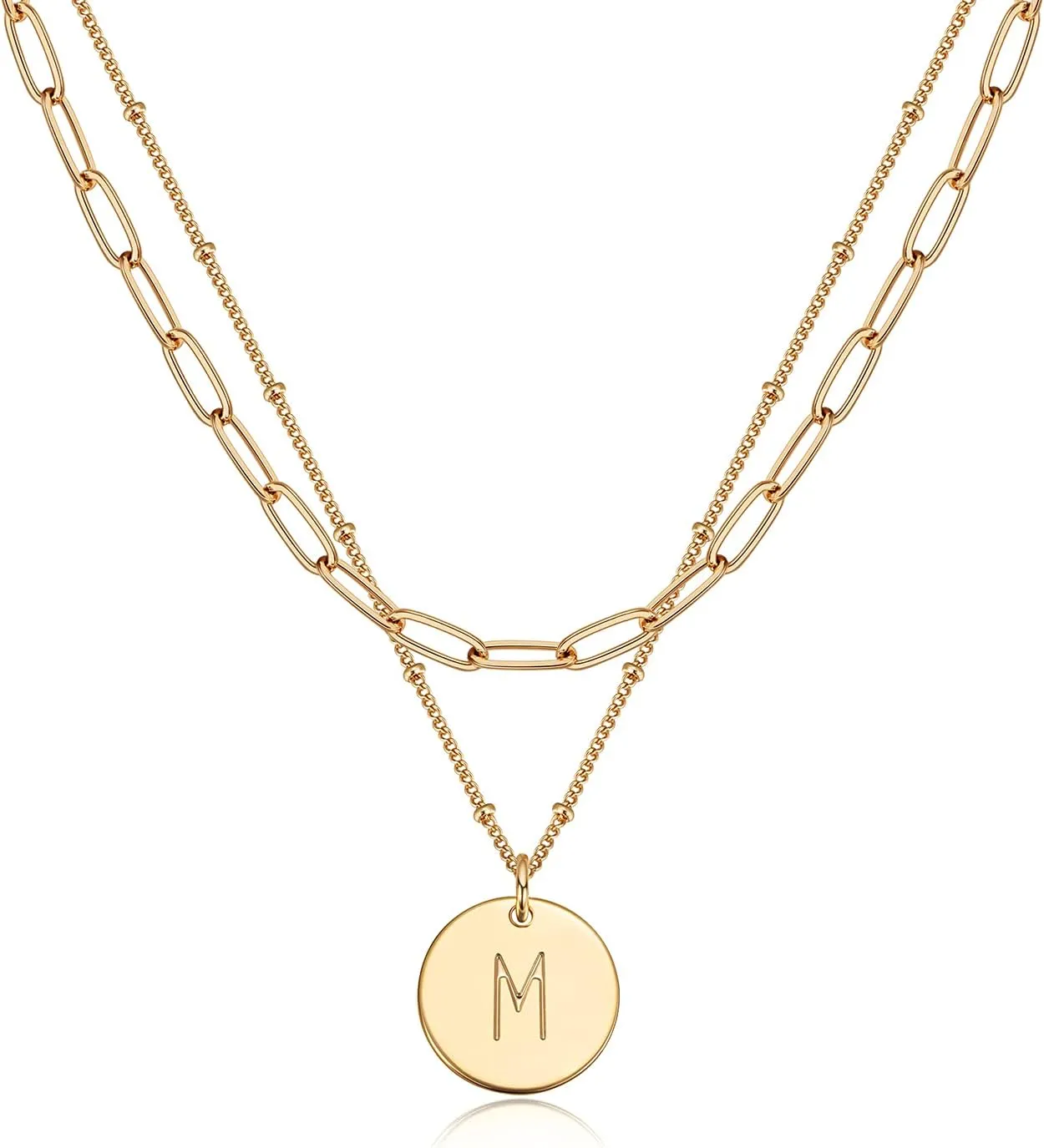 Valloey Rover Initial Necklaces for Women 14K Gold Plated Dainty Letter Necklce Round Coin Disc Pendant Double Side Engraved A-Z Necklace Personalized Jewelry Gift for Women
