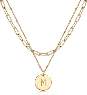 Valloey Rover Initial Necklaces for Women 14K Gold Plated Dainty Letter Necklce Round Coin Disc Pendant Double Side Engraved A-Z Necklace Personalized Jewelry Gift for Women