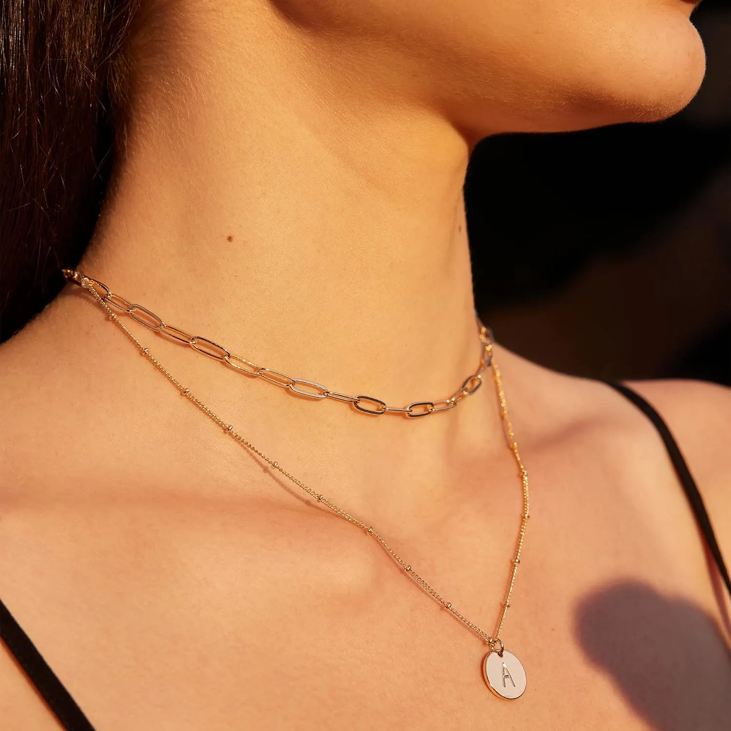 Valloey Rover Initial Necklaces for Women 14K Gold Plated Dainty Letter Necklce Round Coin Disc Pendant Double Side Engraved A-Z Necklace Personalized Jewelry Gift for Women