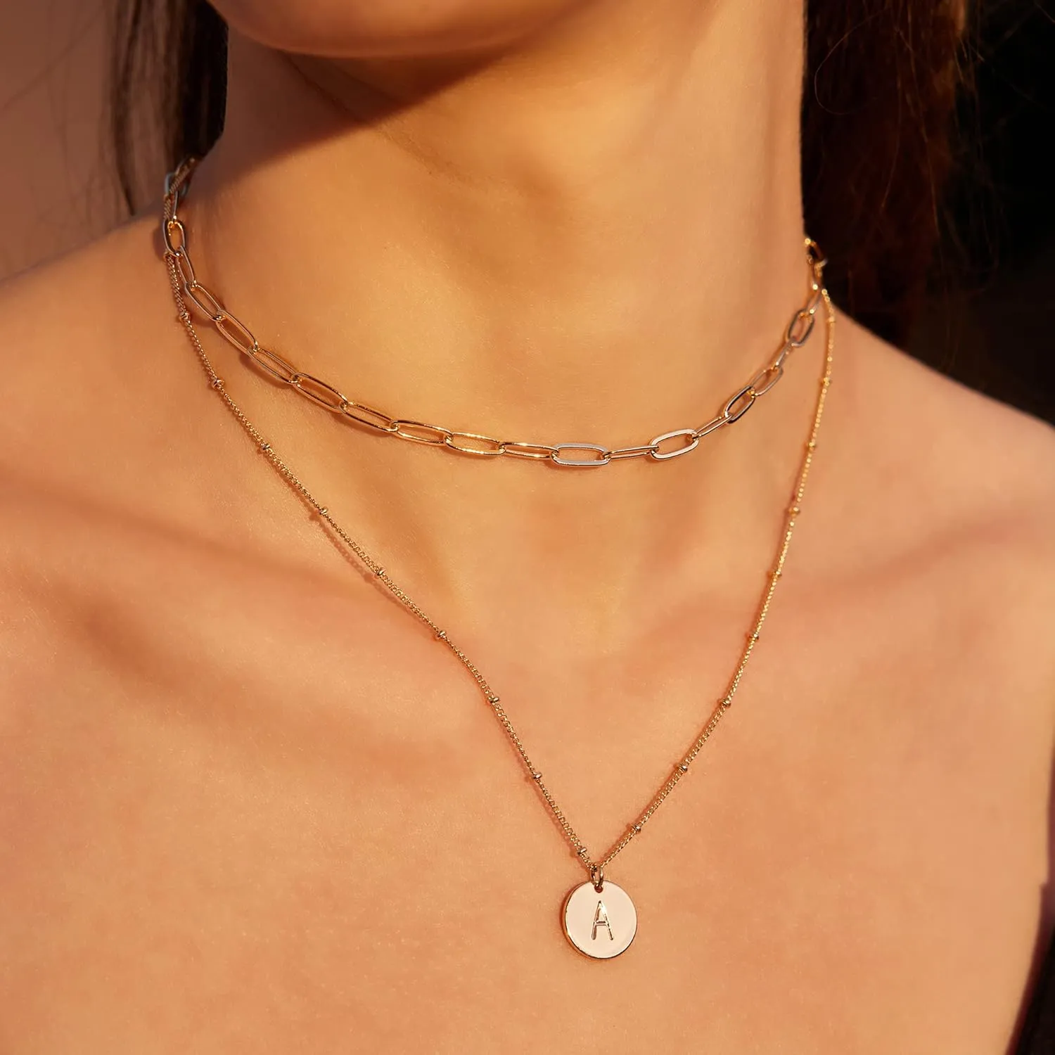 Valloey Rover Initial Necklaces for Women 14K Gold Plated Dainty Letter Necklce Round Coin Disc Pendant Double Side Engraved A-Z Necklace Personalized Jewelry Gift for Women