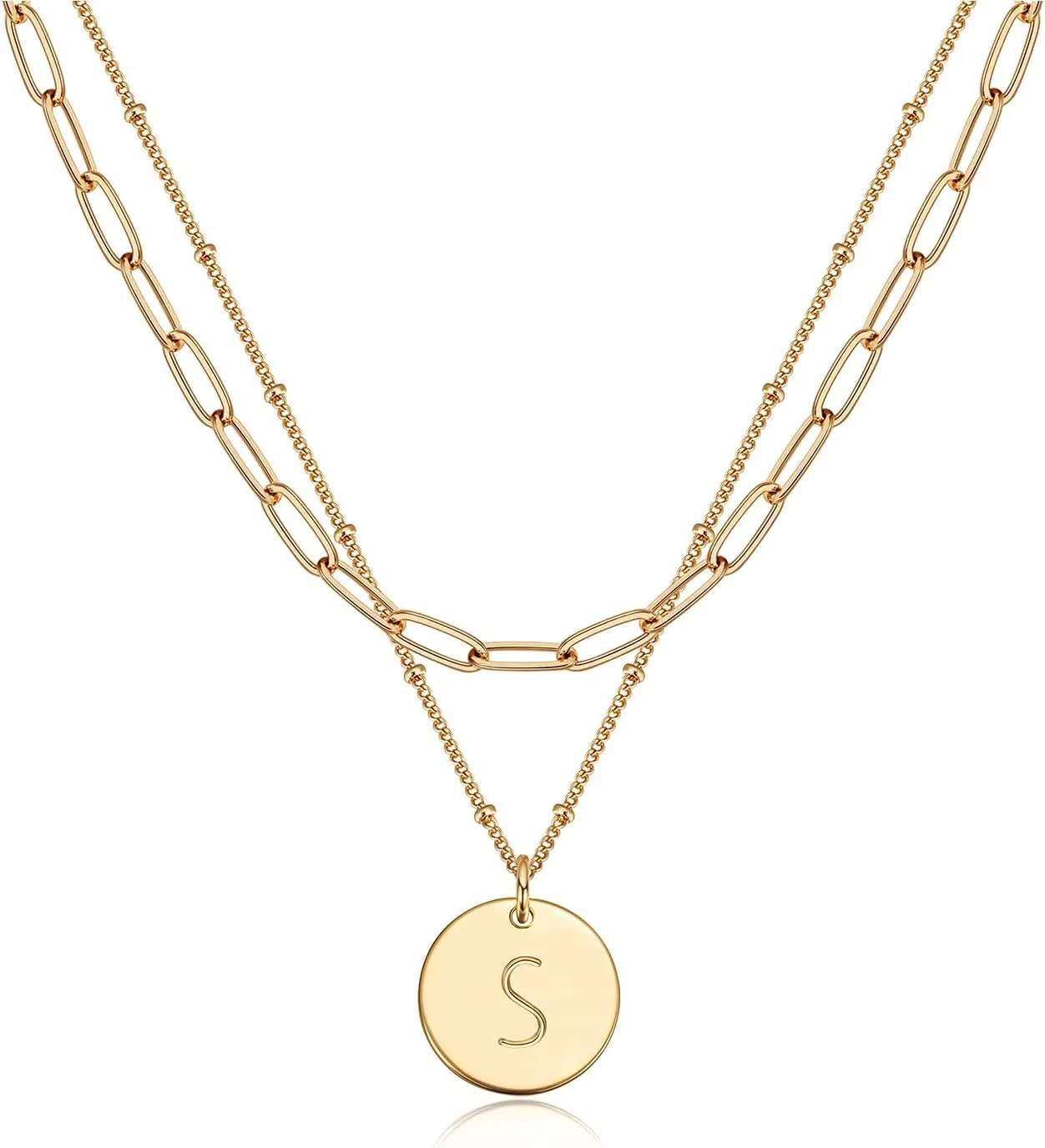 Valloey Rover Initial Necklaces for Women 14K Gold Plated Dainty Letter Necklce Round Coin Disc Pendant Double Side Engraved A-Z Necklace Personalized Jewelry Gift for Women