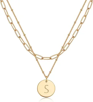 Valloey Rover Initial Necklaces for Women 14K Gold Plated Dainty Letter Necklce Round Coin Disc Pendant Double Side Engraved A-Z Necklace Personalized Jewelry Gift for Women