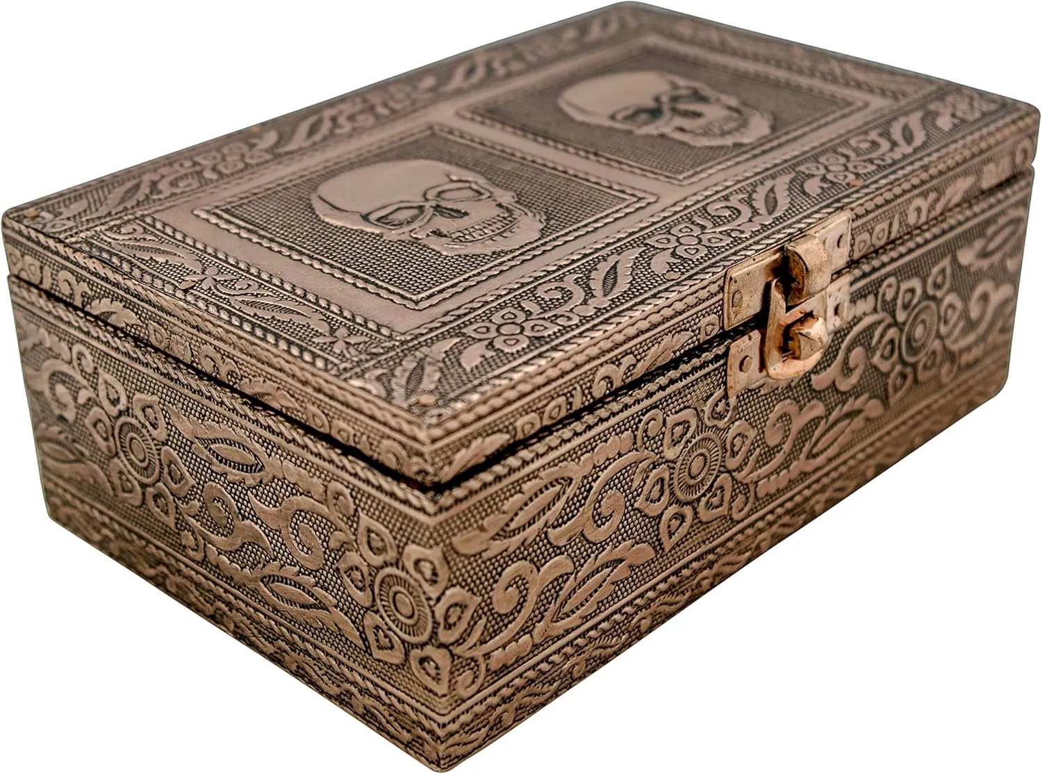 VGI Elegant Jewelry Box with Hammered Metal Cladding and Soft Fabric Interior (Skull, Copper Finish)