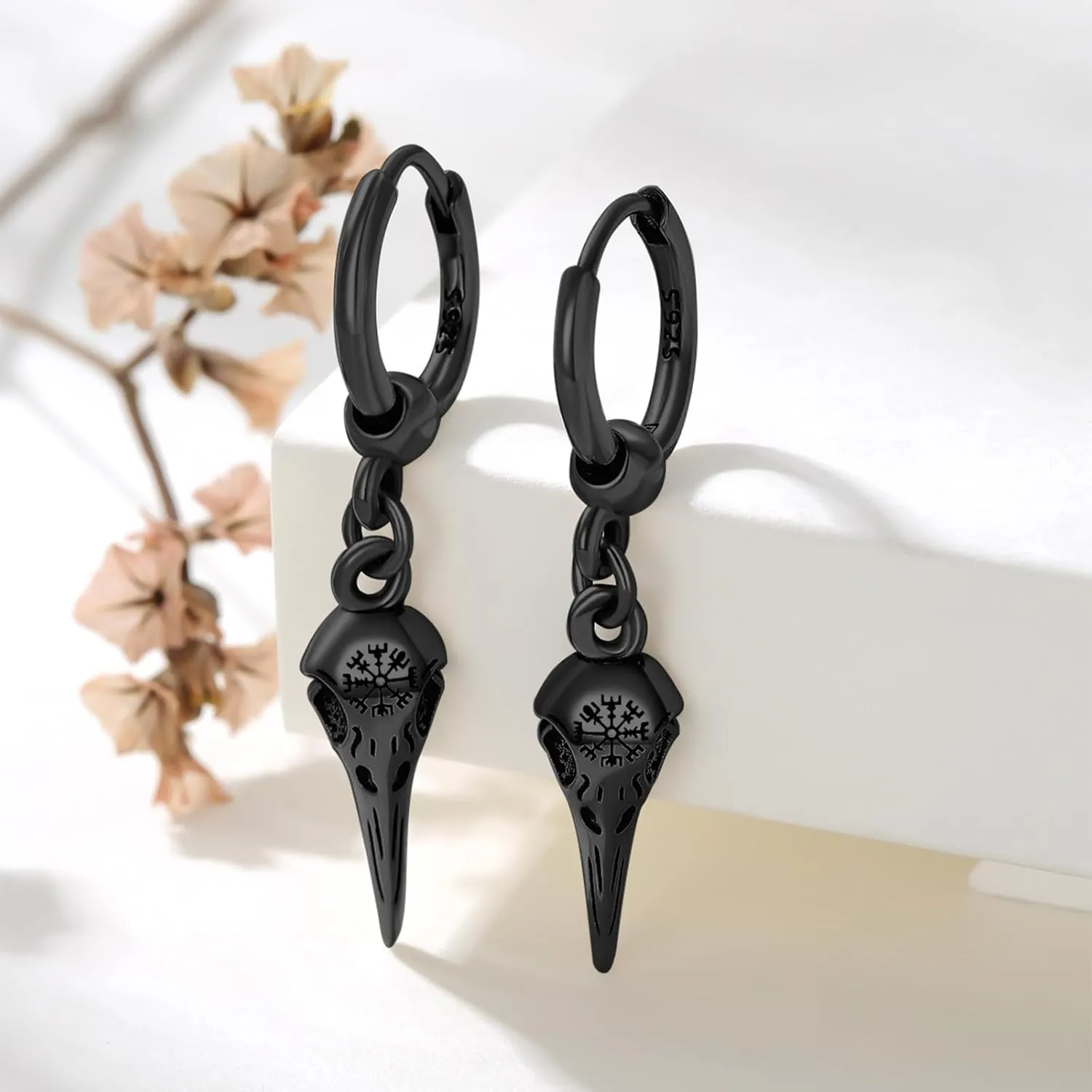 Viking Earrings for Men - 925 Sterling Silver Raven Celtic Knot Norse Huggie Hoop Earrings - Punk Rock Jewelry for Men Women