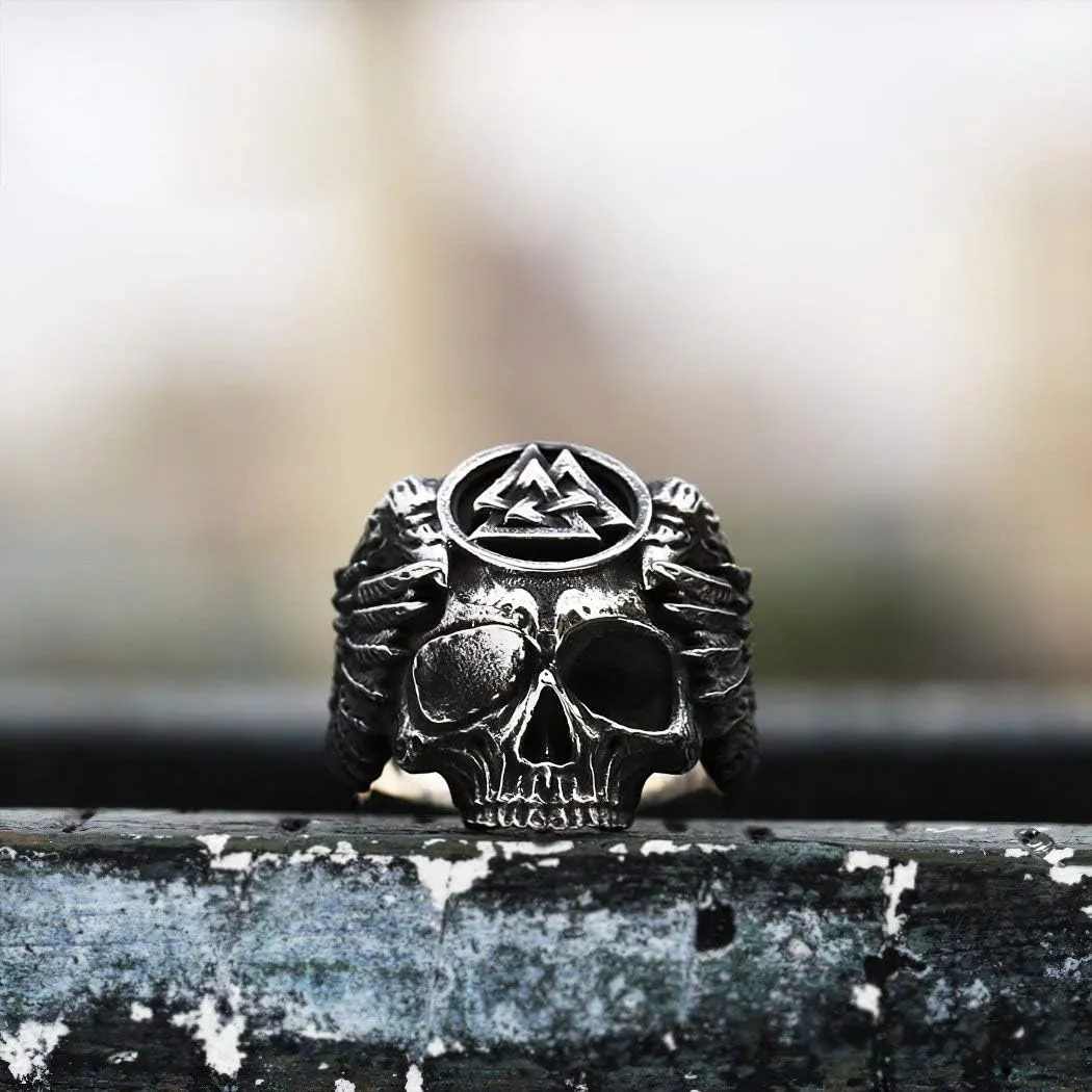 Viking Raven Skull Valknut Ring Stainless Steel Norse Pagan Protection Jewelry Ring Men Women