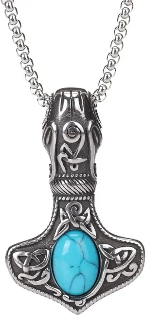 Viking Thor Hammer Necklace - Norse Mjolnir Pendant with Turquoise - Celtic Pagan Amulet