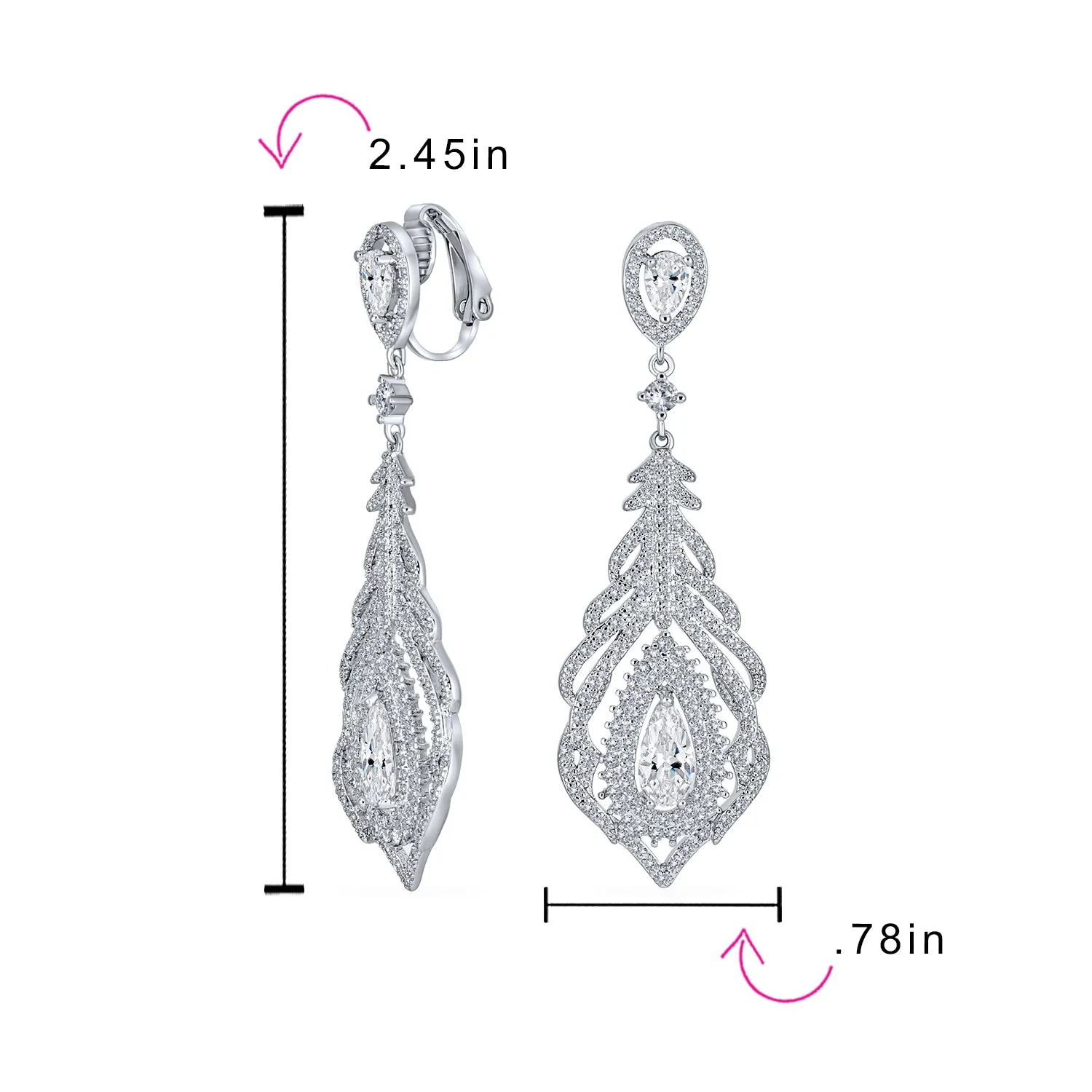Vintage Art Deco Cubic Zirconia Teardrop Clip-On Earrings BlackSilver Plated