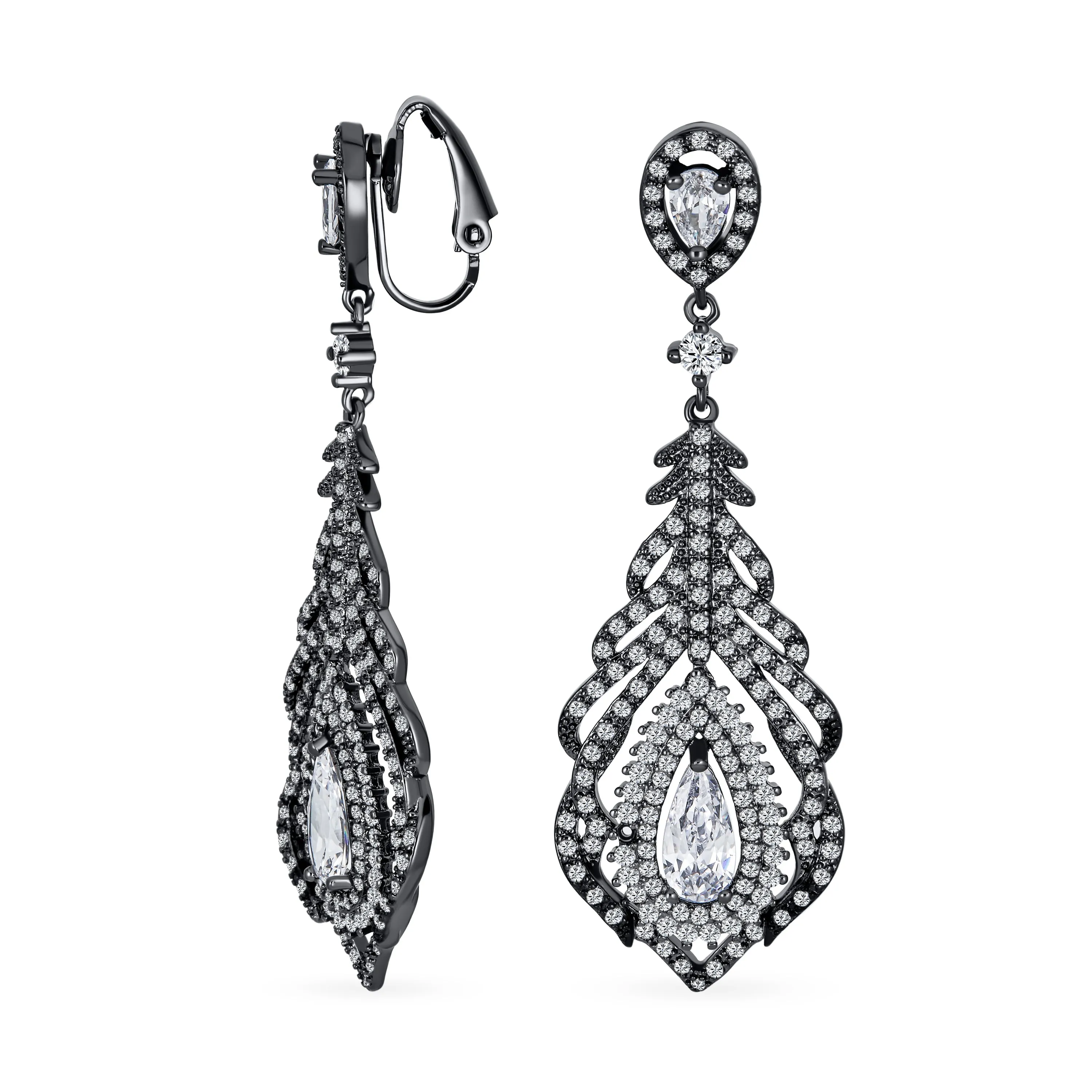 Vintage Art Deco Cubic Zirconia Teardrop Clip-On Earrings BlackSilver Plated