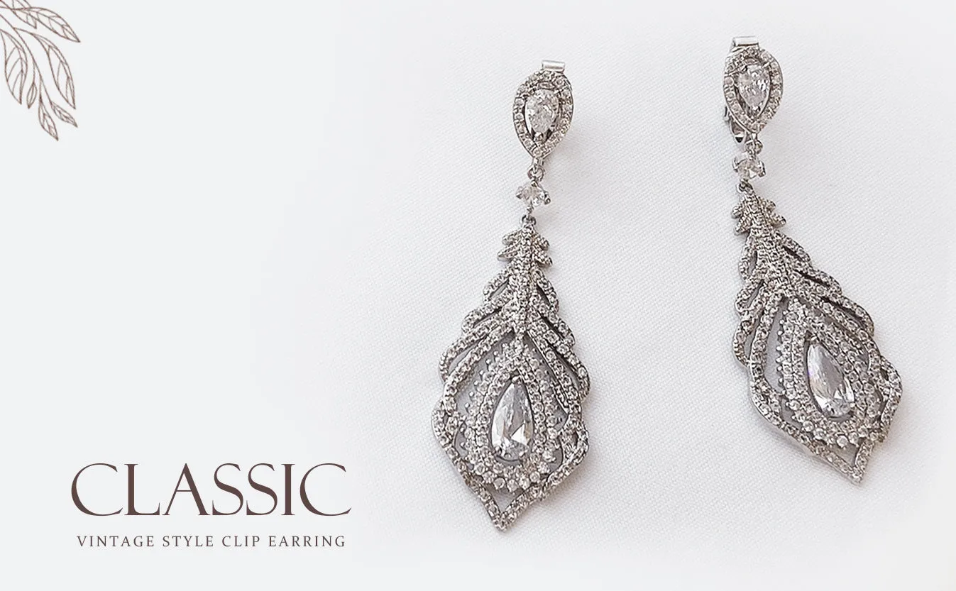 Vintage Art Deco Cubic Zirconia Teardrop Clip-On Earrings BlackSilver Plated