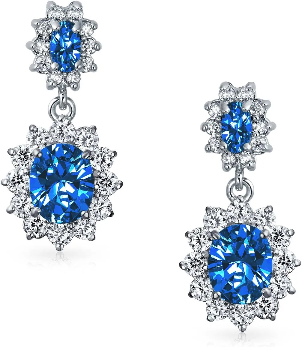 Vintage Art Deco Style Bridal Crown Halo Oval Cubic Zirconia Simulated Blue Sapphire Ruby Red Emerald Green AAA CZ Dangle Drop Chandelier Earrings For Women Prom Bridesmaid Wedding