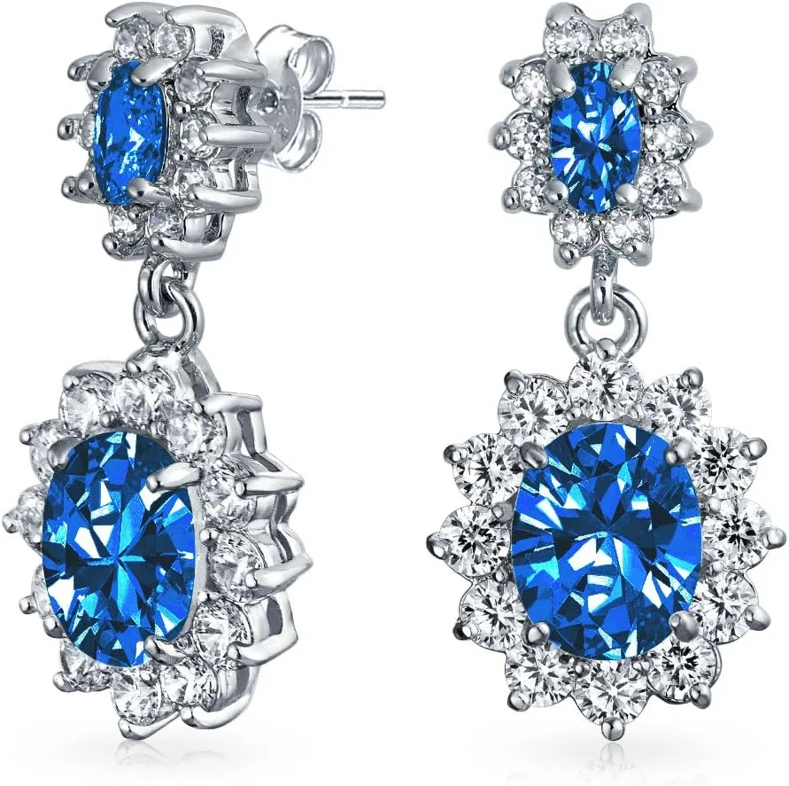 Vintage Art Deco Style Bridal Crown Halo Oval Cubic Zirconia Simulated Blue Sapphire Ruby Red Emerald Green AAA CZ Dangle Drop Chandelier Earrings For Women Prom Bridesmaid Wedding