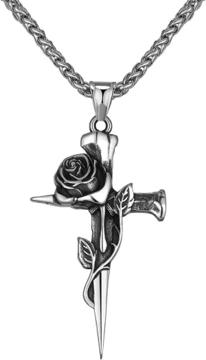 Vintage Cross Pendant Necklace for Men Women Rose Flower Necklace Stainless Steel Gothic Punk Jewelry,Personalized Rapper Bike Necklaces with 24 Inch Chain