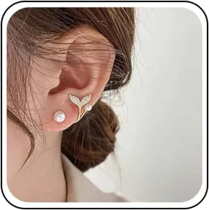 Vintage Crystal Fish Tail Ear Jacket Earrings Gold Mermaid Pearl Studs Earrings Whale Tail Earrings Front Back Earrings Jewelry for Women