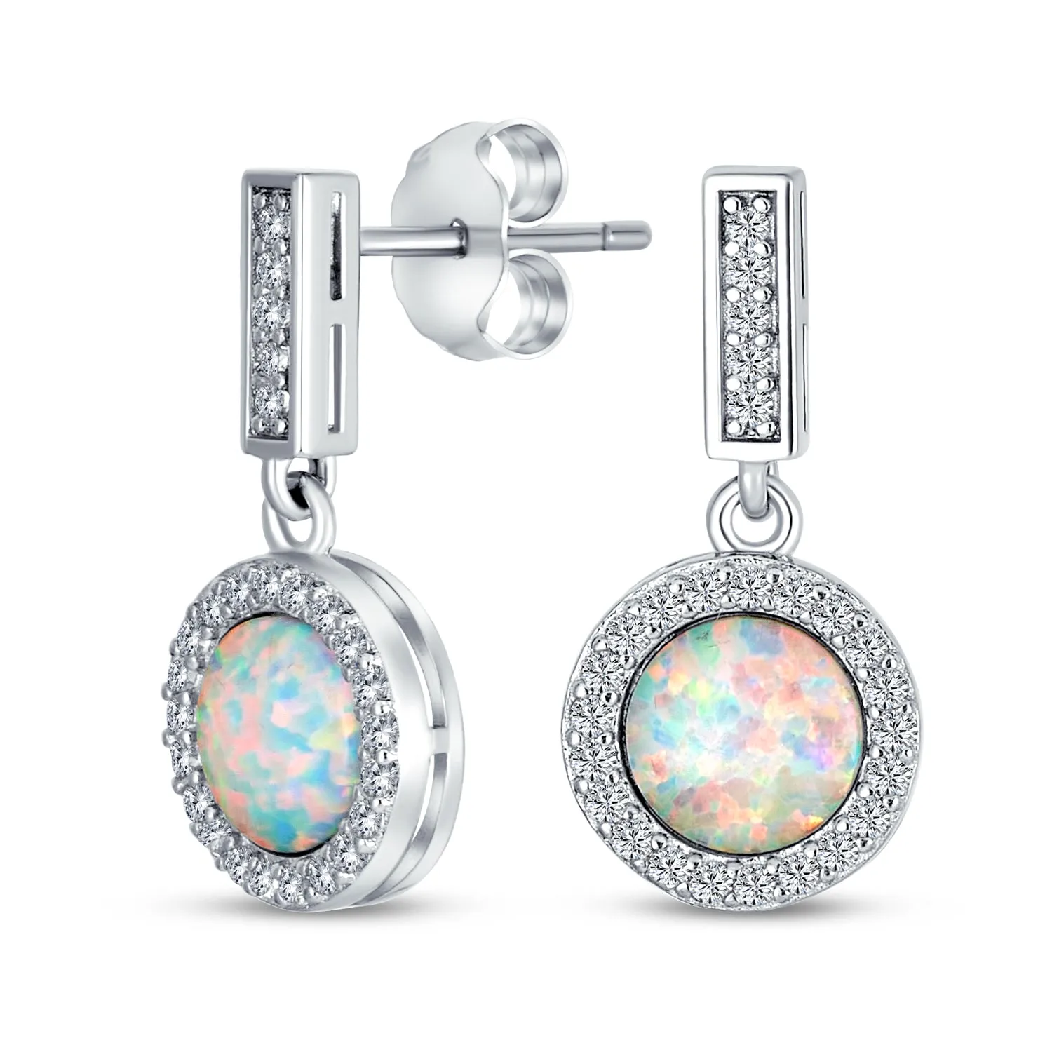 Vintage Style Dangle Gemstone Earrings with CZ Halo & Opal Sterling Silver