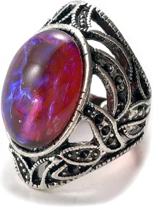 Vintage Style Dragon's Breath Mexican Opal Ring, Adjustable Size, Antique Silver Filigree, Red and Blue Color Shifting