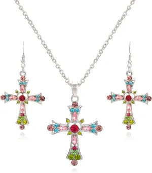 WCRAZYE Pink Cross Necklace Earrings Sets for Women Gothic Punk Colorful Bohemian Rhinestone Cross Earrings Y2k Gothic Earrings For Love Trust Faith Hope Jewelry Gifts