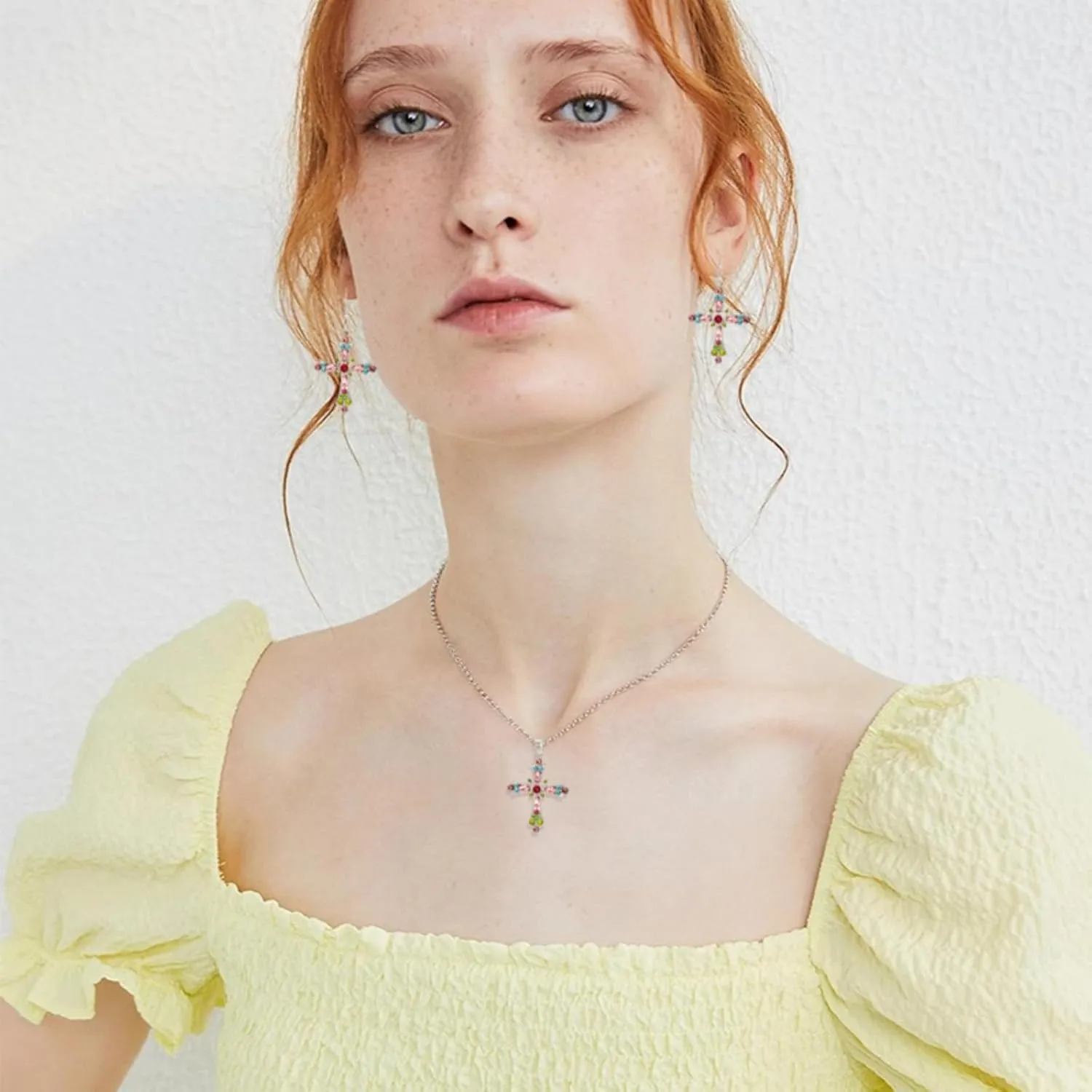 WCRAZYE Pink Cross Necklace Earrings Sets for Women Gothic Punk Colorful Bohemian Rhinestone Cross Earrings Y2k Gothic Earrings For Love Trust Faith Hope Jewelry Gifts