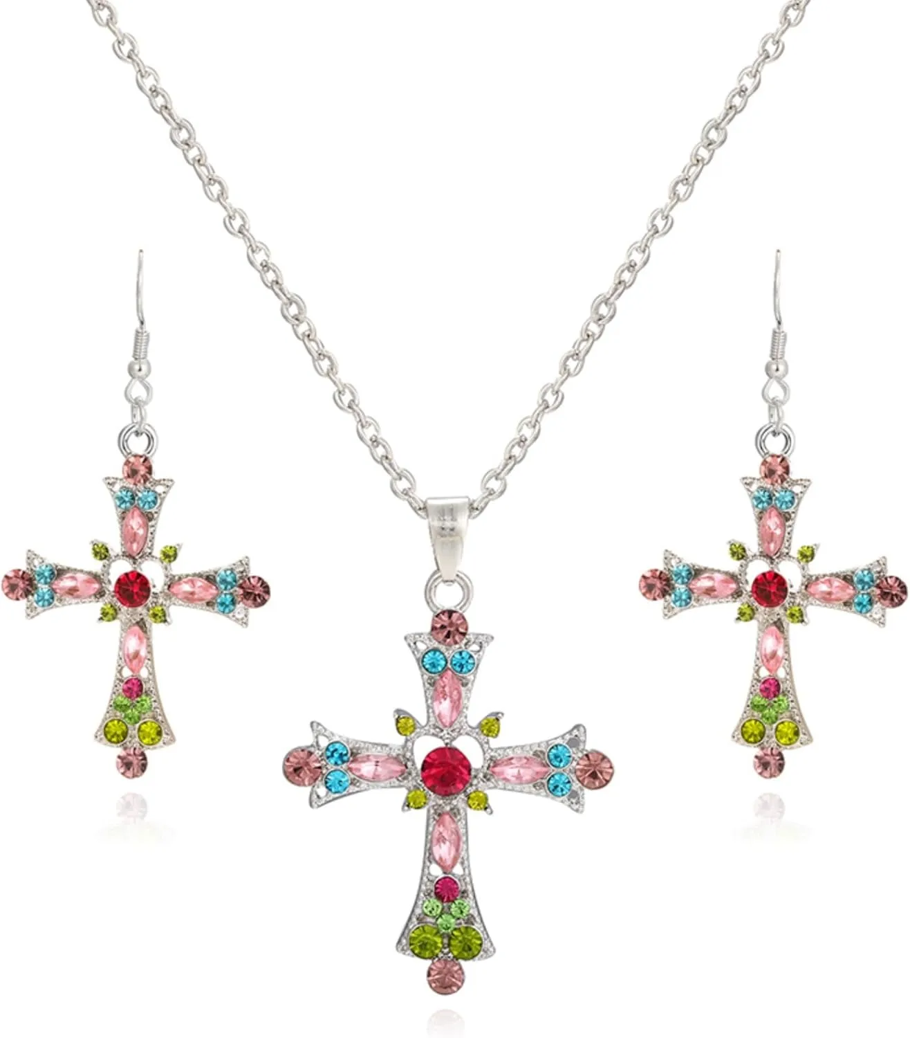 WCRAZYE Pink Cross Necklace Earrings Sets for Women Gothic Punk Colorful Bohemian Rhinestone Cross Earrings Y2k Gothic Earrings For Love Trust Faith Hope Jewelry Gifts