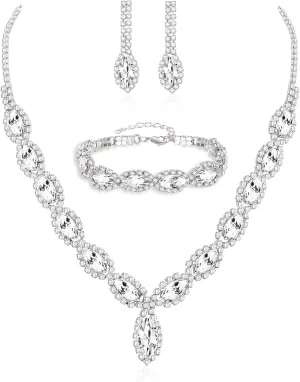 Wedding Jewelry Sets for Brides Rhinestone Jewelry Set for Women Silver Bridesmaid Jewelry Set Silver Prom Jewelry Crystal Rhinestone Necklace for Women Bride Necklace for Wedding Day