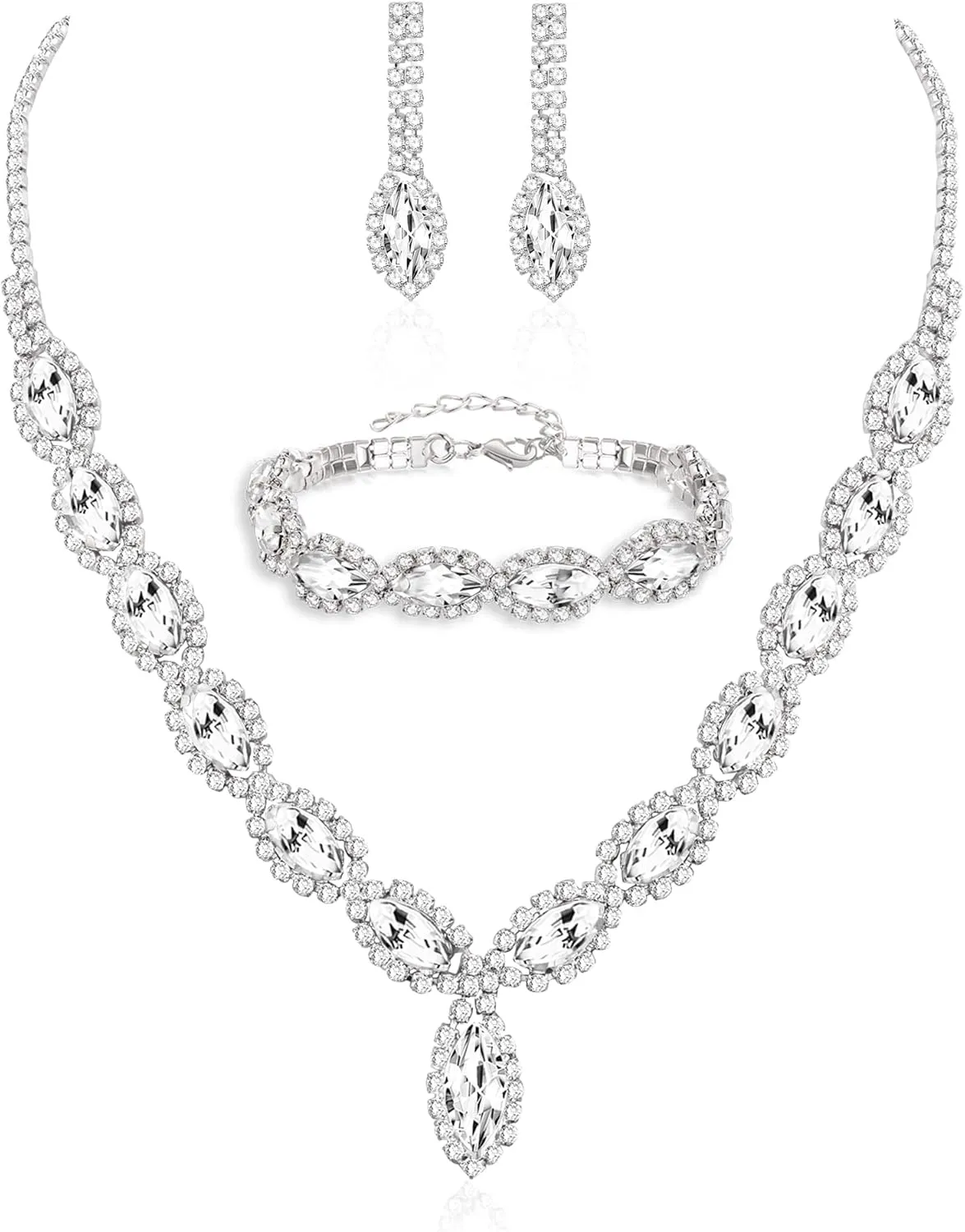 Wedding Jewelry Sets for Brides Rhinestone Jewelry Set for Women Silver Bridesmaid Jewelry Set Silver Prom Jewelry Crystal Rhinestone Necklace for Women Bride Necklace for Wedding Day