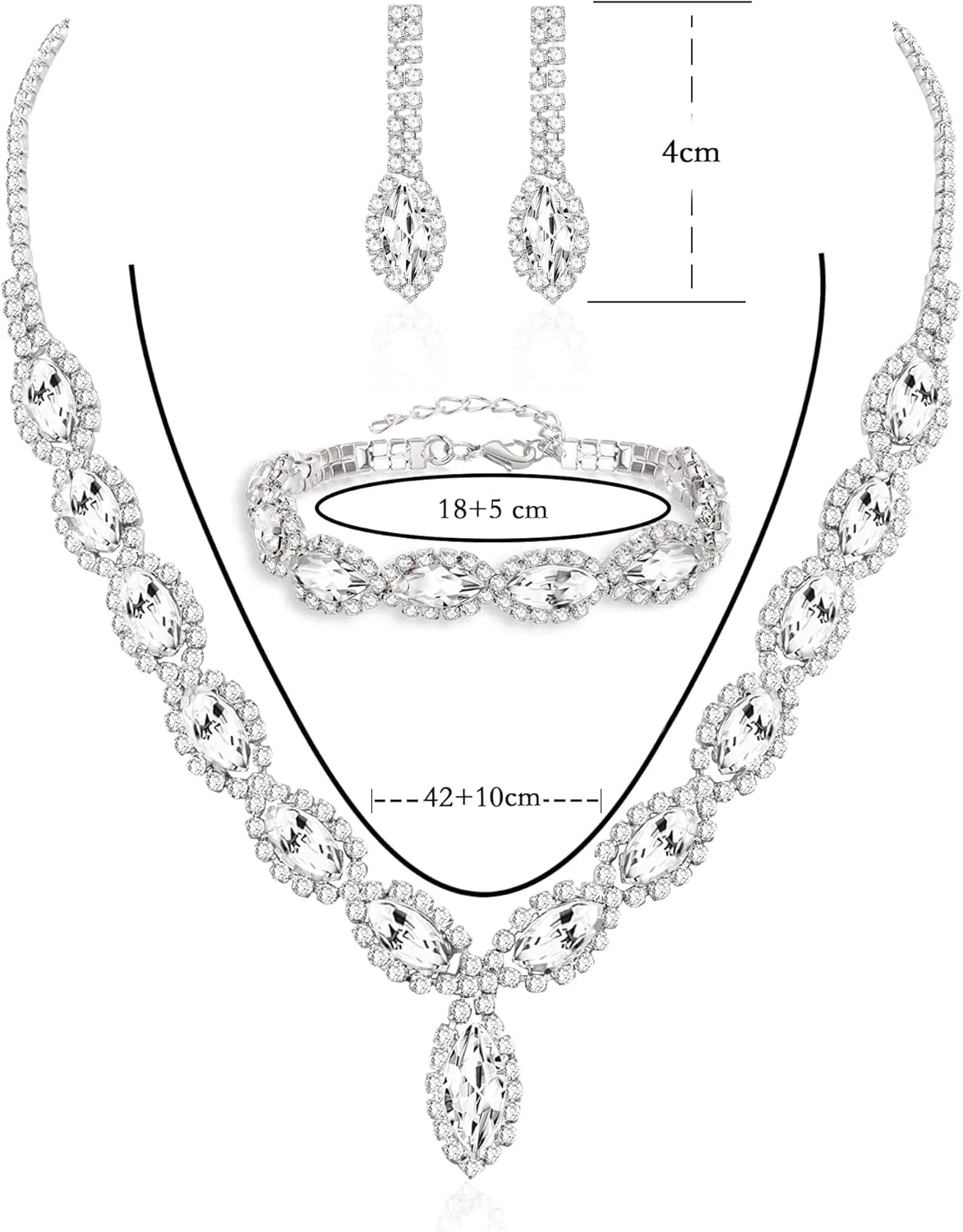 Wedding Jewelry Sets for Brides Rhinestone Jewelry Set for Women Silver Bridesmaid Jewelry Set Silver Prom Jewelry Crystal Rhinestone Necklace for Women Bride Necklace for Wedding Day
