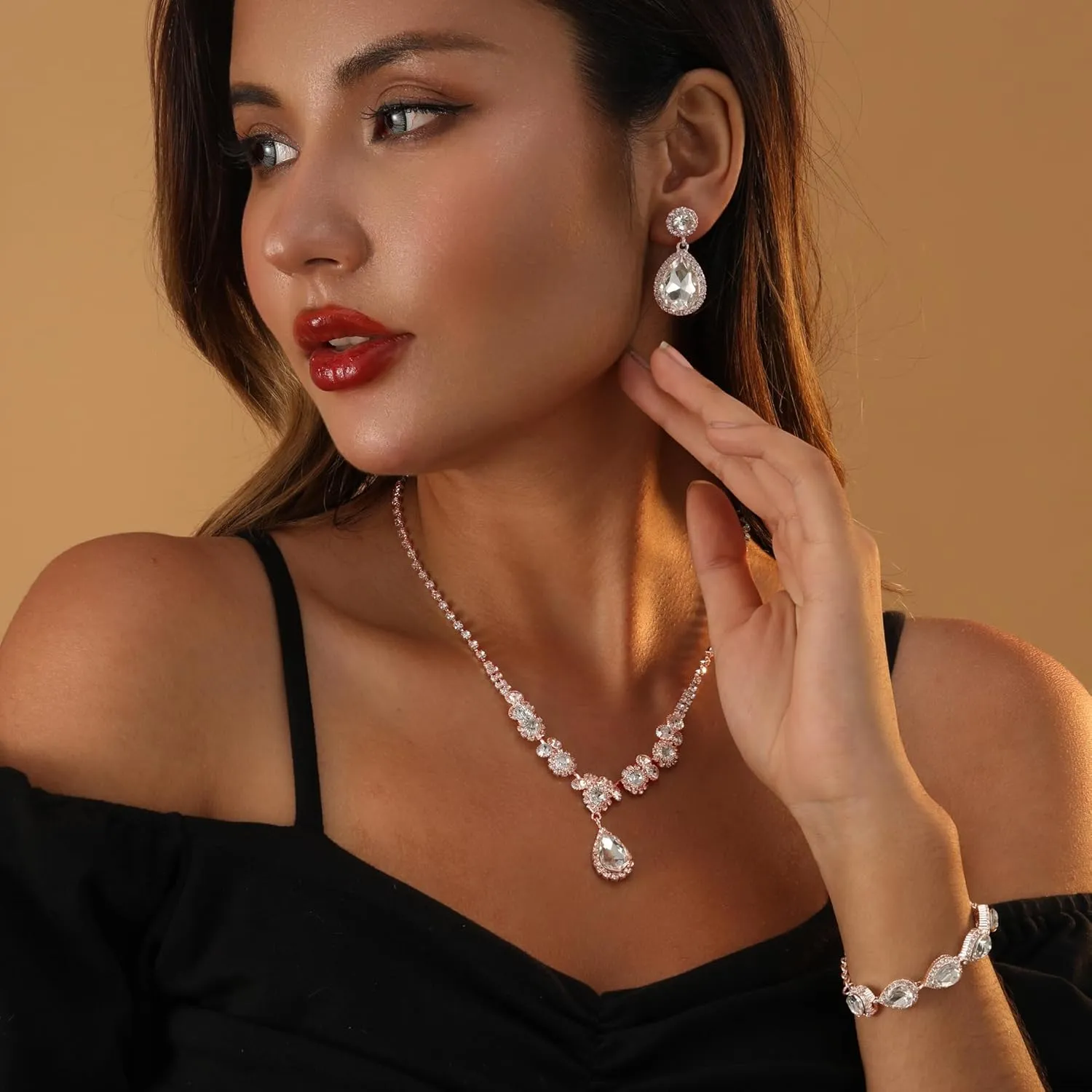 Wedding Jewelry Sets for Brides Rhinestone Jewelry Set for Women Silver Bridesmaid Jewelry Set Silver Prom Jewelry Crystal Rhinestone Necklace for Women Bride Necklace for Wedding Day