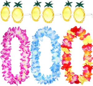 Weewooday 6 Pieces Pineapple Sunglasses and Hawaiian Leis Dance Garland Hula Floral Necklace Hawaiian Glasses Faux Flower Necklace for Crazy Night Tropical Luau outfits Party Decoration Supplies