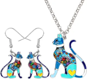 WEVENI Enamel Alloy Elegant Cat Jewelry Set Pet Earrings Necklace Pendant Gifts for Women Ladies (Blue)