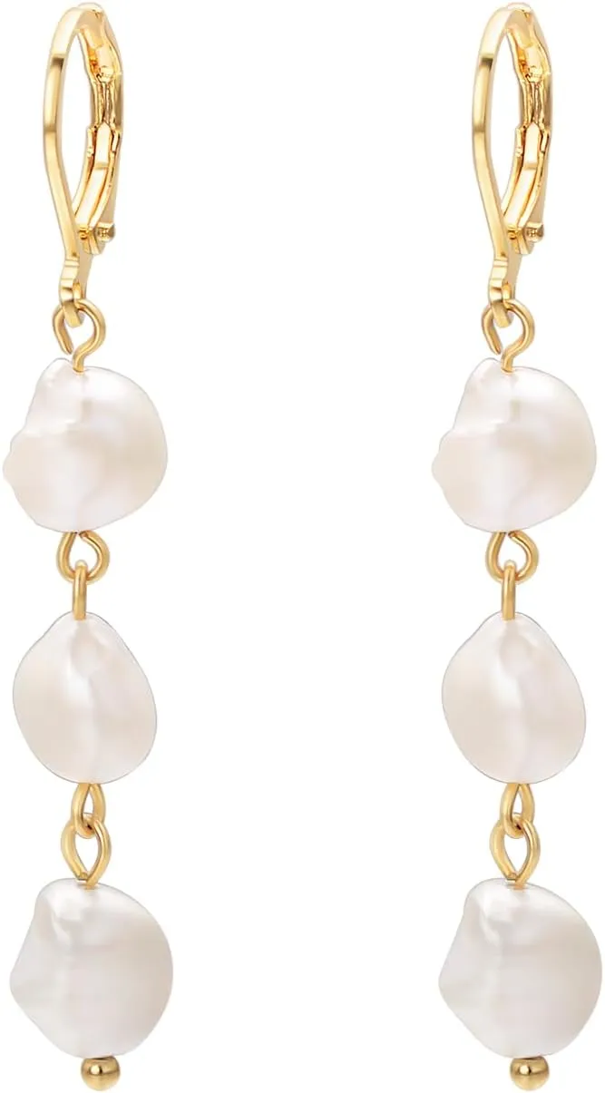 White Pearl Drop Earrings For Women Long Dangle Leverback Earring Elegant Gold Plated Baroque Freshwater Pearls Jewelry