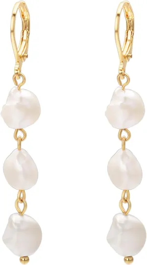 White Pearl Drop Earrings For Women Long Dangle Leverback Earring Elegant Gold Plated Baroque Freshwater Pearls Jewelry
